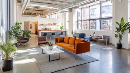 Modern office lobby with minimal design, embodying simplicity and professionalism in a clean, natural light setting.