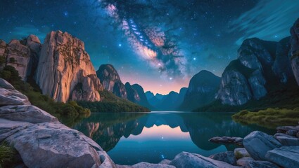 Obraz premium Majestic Stone Mountains Reflecting Milky Way Over Serene Lake at Sam Phan Bok Under Starry Night Sky