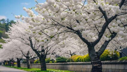 Serene pathway lined with stunning white cherry blossom trees in traditional Japanese garden during vibrant spring season.