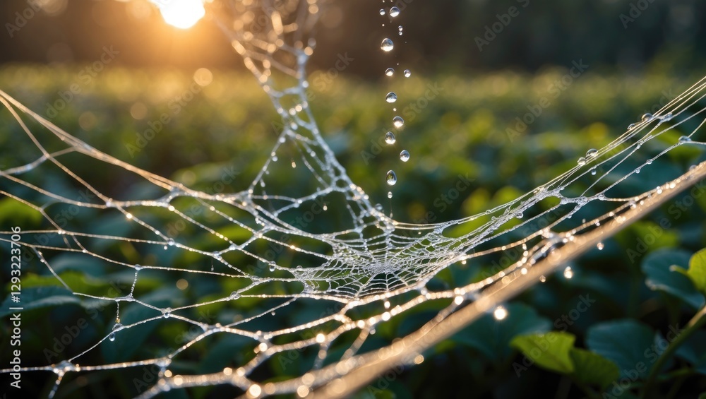 Canvas Prints morning dew on a spider web surrounded by lush greenery with soft sunlight streaming through