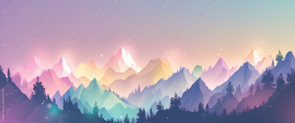 Wall mural pastel mountain landscape with soft light and trees providing space for text and design elements in 