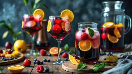 Refreshing Homemade Sangria with Fruits on Wooden Table and Space for Text