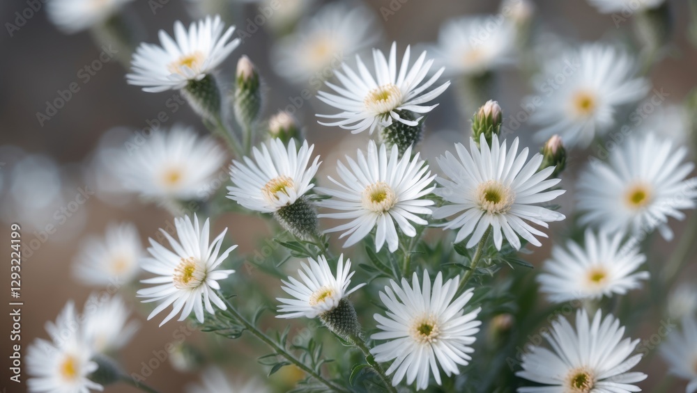 Poster delicate white aster flowers in soft focus with blurred background and space for text or branding el