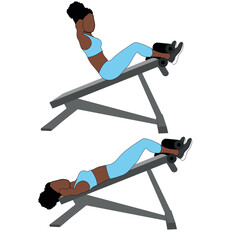 A Black African woman in blue clothing doing decline bench sit ups with dumbbells exercise for abs. Flat vector illustration isolated on white background