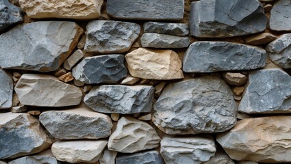 Fototapeta premium Natural stone wall texture featuring a variety of rock shapes and colors ideal for backgrounds, architectural designs, or artistic projects.
