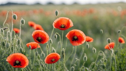Vibrant Red Poppy Flowers Blooming In A Serene Meadow Under A Clear Sky In Springtime