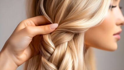 A close-up of a person's hand styling or braiding long, blonde hair, highlighting the texture and movement of the strands. Concept Hair Braiding Techniques, Close-Up Photography, Blonde Hair Care