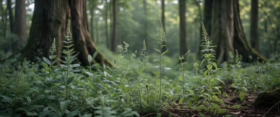 Verdant Wild Plants Flourishing in Ancient Forest with Lush Green Background and Space for Text Overlay