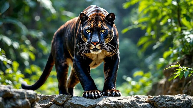 Apex Predator: a melanistic jaguar fearlessly strides towards the viewer, its intense gaze conveying both power and grace, set against a backdrop of verdant foliage and rugged terrain.