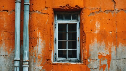Vintage window framed by an orange cement wall with peeling paint and exposed pipes for an urban aesthetic.