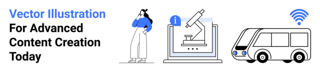Woman pondering, microscope on digital screen, bus with wireless connection. Ideal for technology, innovation, education, science, connectivity, modern mobility flat landing page banner