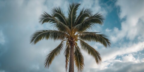 Lush palm tree silhouette against a dramatic cloudy sky with ample blank space for text or branding elements.