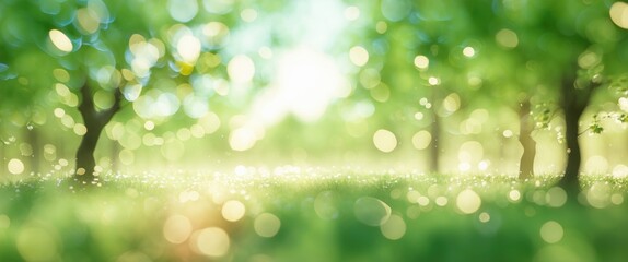 Fototapeta premium Fresh green foliage with bokeh effect under bright summer sunlight creating a serene natural background with ample copy space for text.
