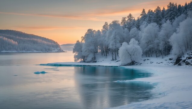 Serene Winter Landscape with Snow-Covered Trees and Icy Waters at Sunset in Tranquil Archipelago Bay