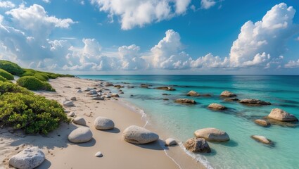 Scenic Beach with Aquamarine Water and Picturesque Stones Under Azure Sky with Cumulus Clouds and Lush Greenery on the Shoreline.