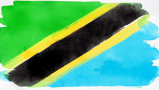 Watercolor painting of Tanzania national flag. Independence day. Hand drawn art.