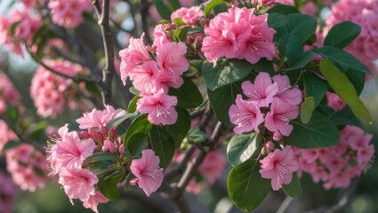 Obraz premium Nerium oleander shrub with vibrant pink flowers and lush green leaves in daylight, showcasing ornamental beauty and floral details.