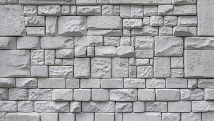 Obraz premium White textured stone wall pattern with varied block shapes creating a rustic and modern appearance for architectural designs and backgrounds.