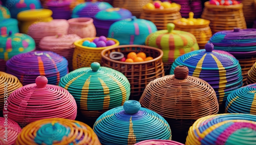 Poster vibrant assortment of handcrafted wicker baskets in various colors and patterns creating a rich text