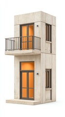 Modern minimalist building design featuring a balcony and large windows with warm orange light.