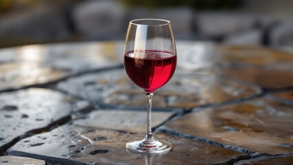 Elegant red wine glass placed on a textured stone table with natural lighting and ample copy space for creative text integration