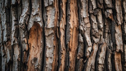 Obraz premium Wood bark texture close-up showcasing natural patterns and colors for backgrounds or design projects in nature-inspired themes.