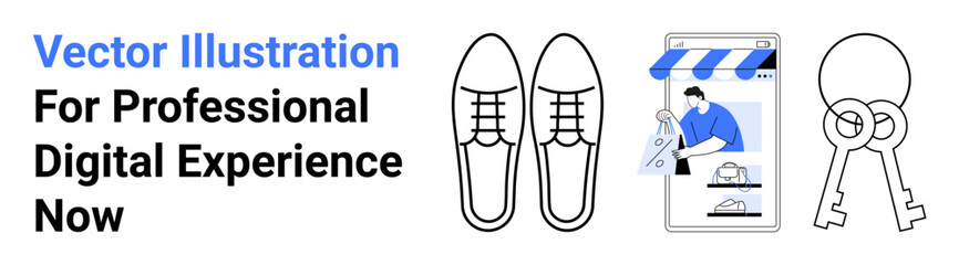Shoes, mobile online store with worker handling product, and keys outlining safety. Ideal for e-commerce, security, digital transformation, technology, retail, business solutions flat landing page