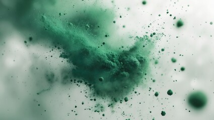 Abstract green dust particles in motion over a soft white background for vintage or grunge design overlays and artistic texture applications.