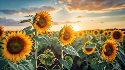 Obraz premium Sunflowers Blooming Under Bright Sky With Dramatic Sunset Colors Highlighting The Plantation, Featuring Space For Text Overlay