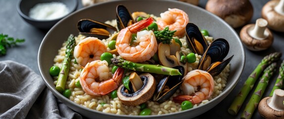 Delicious Seafood Risotto with Shrimp, Mussels, Asparagus, and Mushrooms on a Gray Plate with Space for Text or Caption