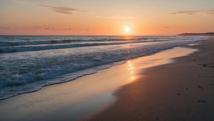 Fototapeta premium Serene Sunrise Over Tranquil Beach With Gentle Waves Reflecting Warm Colors And Ample Space For Text and Design Elements