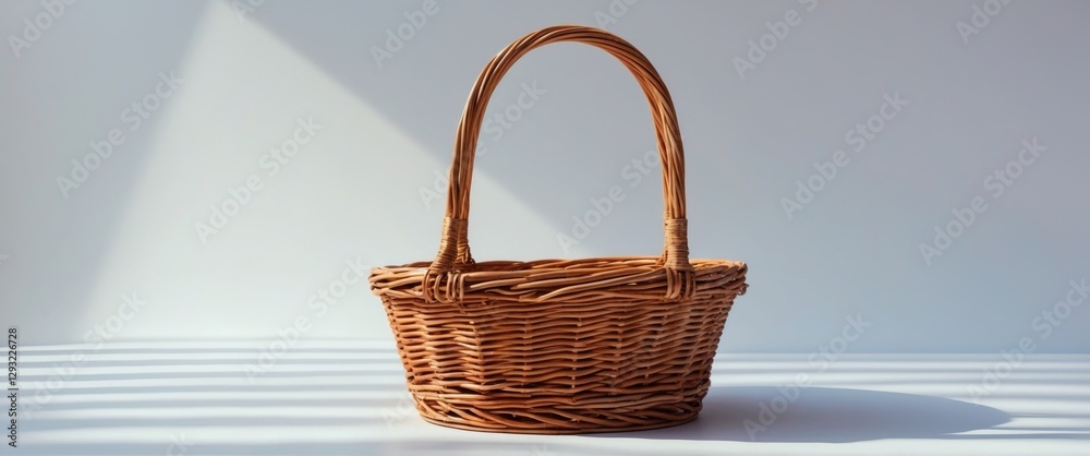 Wall mural wicker basket on white background with natural light and space for text or design elements