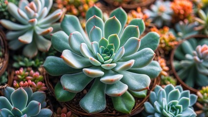 Fototapeta premium Vibrant close-up of diverse succulent plants showcasing intricate details and colors perfect for botanical backgrounds and high-quality prints.