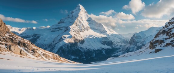 Serene Snow-Capped Alpine Landscape in the Alps with Majestic Peaks and Clear Blue Sky Ideal for Winter-Themed Projects and Text Space