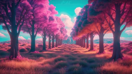 Vibrant fantasy landscape with pink trees forming a captivating pattern under a bright blue sky and fluffy clouds.