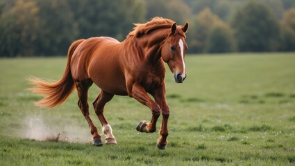 Fototapeta premium Majestic Red Horse Galloping Freely Across Lush Green Field Under Clear Sky in Nature's Serenity