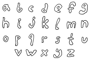 Outline black english latin abc alphabet lower case font handwritten A to Z collection. Vector illustration in doodle style isolated on white background. For kids book, typography, logo, card, menu.