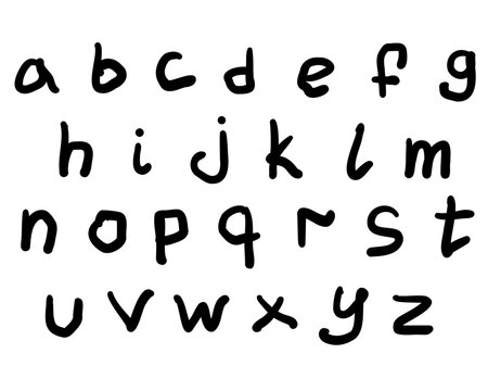 Childlike black english latin abc alphabet lower case font handwritten A to Z collection. Vector illustration in doodle style isolated on white background. For kids book, typography, logo, card, menu.