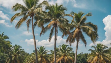 Obraz premium Tropical Palm Trees Under Clear Blue Sky With White Clouds Ideal For Summer Themes And Text Placement