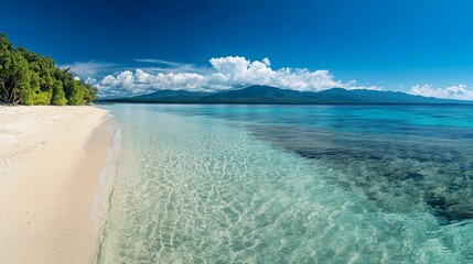 Fototapeta premium Tropical beach with clear blue water and white sand, embodying serene simplicity.
