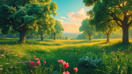 Obraz premium Serene Summer Meadow with Lush Green Trees and Vibrant Wildflowers Under a Beautiful Horizon at Sunset