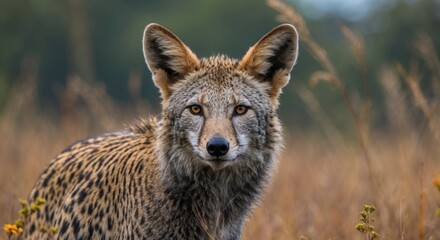 Fototapeta premium Coyote portrait in natural habitat showcasing detailed fur and intense gaze in a vibrant grassland setting.
