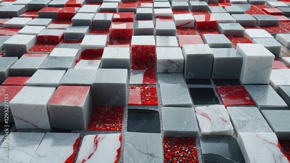Poster abstract mosaic of interspersed white red and gray marble cubes arranged in a dynamic pattern creati