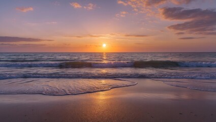 Fototapeta premium Tranquil Sunrise Over Serene Beach with Gentle Waves and Soft Cloud Reflections in the Vibrant Sky
