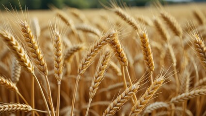 Fototapeta premium Golden Wheat Ears Close Up in a Vibrant Field Capturing the Essence of Nature's Bounty and Agriculture's Beauty.