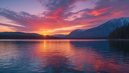 Fototapeta premium Vibrant Sunset Reflection Over Serene Lake Surrounded By Majestic Mountains And Lush Forest In A Tranquil Natural Landscape
