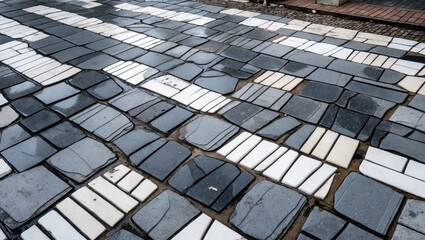 Mosaic pavement of gray and white stones showcasing a wet sheen after rain, adding texture and depth to urban streetscape design.
