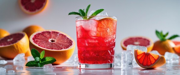 Naklejka premium Refreshing Red Grapefruit Drink with Ice and Mint Garnish Surrounded by Sliced Grapefruits on a Bright Surface Ideal for Beverage Promotions