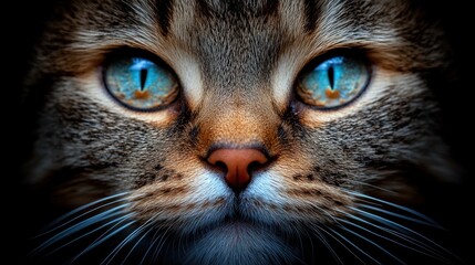 Close-up cat portrait, intense eyes, dark background