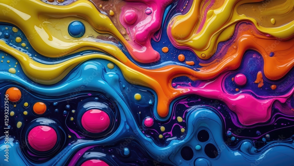Poster vibrant fluid art background with colorful paint swirls and bubbles creating a dynamic abstract comp